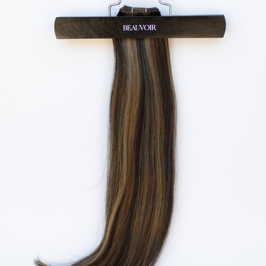 Genius (Micro) Weft 24" 94g Pro Blend Hair Extensions - #1B/2/6 Dark Chocolate Caramel (aka Piano Key Chocolate Drip)